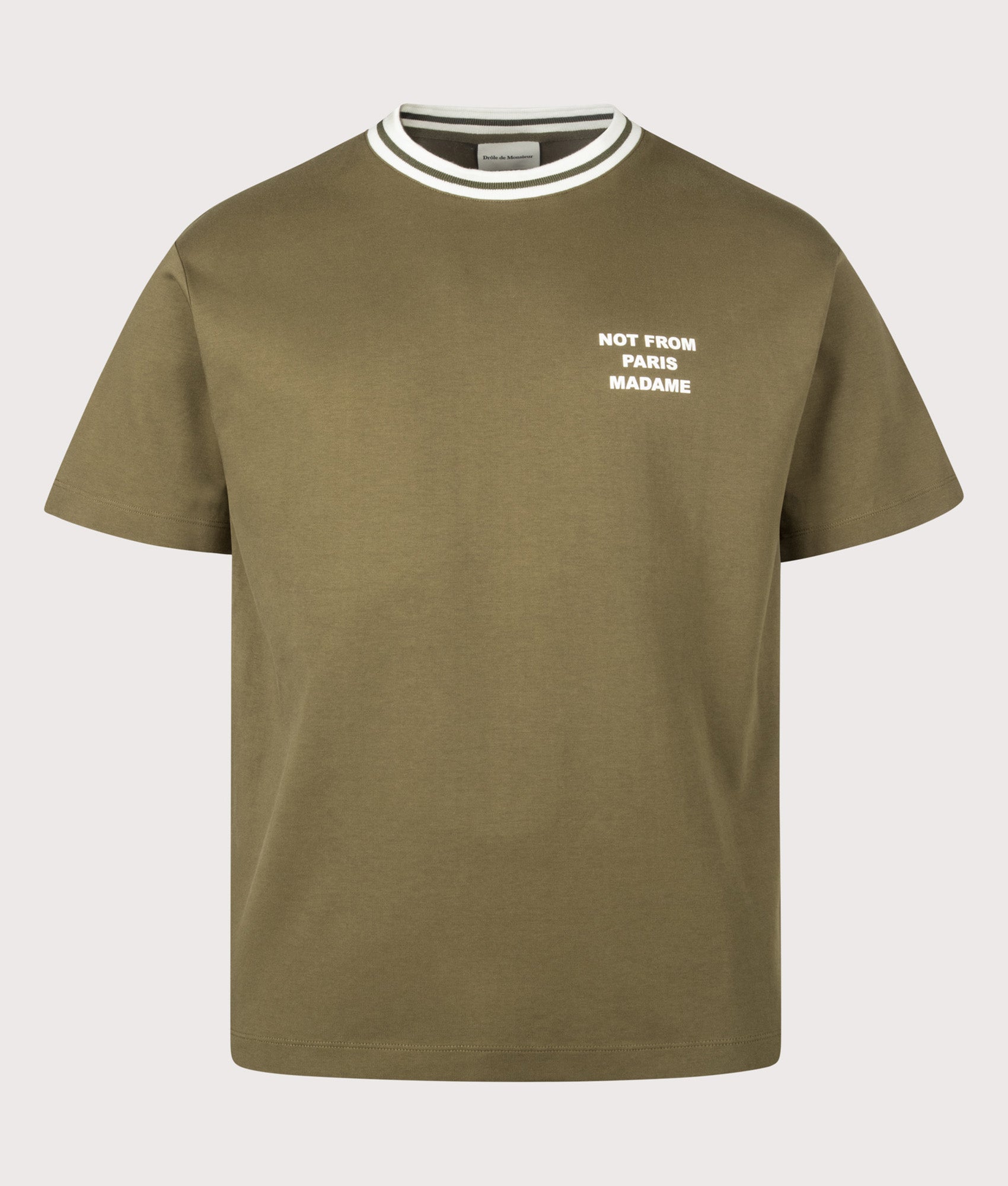 Drôle de Monsieur Sport Slogan T-shirt in Khaki at EQVVS Menswear. Front shot.