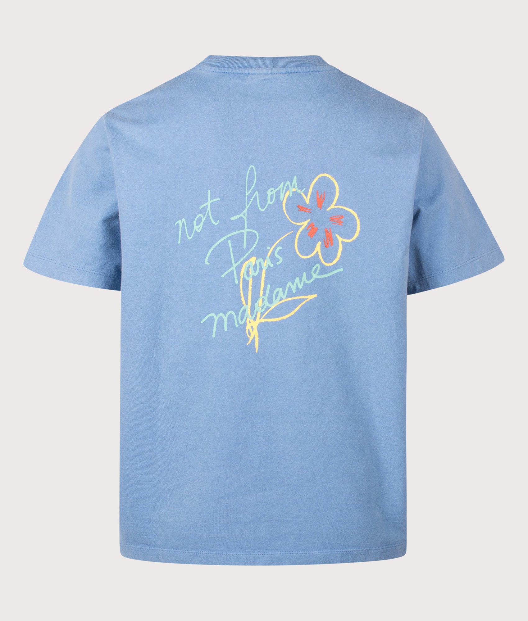 Drôle de Monsieur Relaxed fit Esquisse Slogan T-shirt in Light Blue at EQVVS Menswear. Back shot.