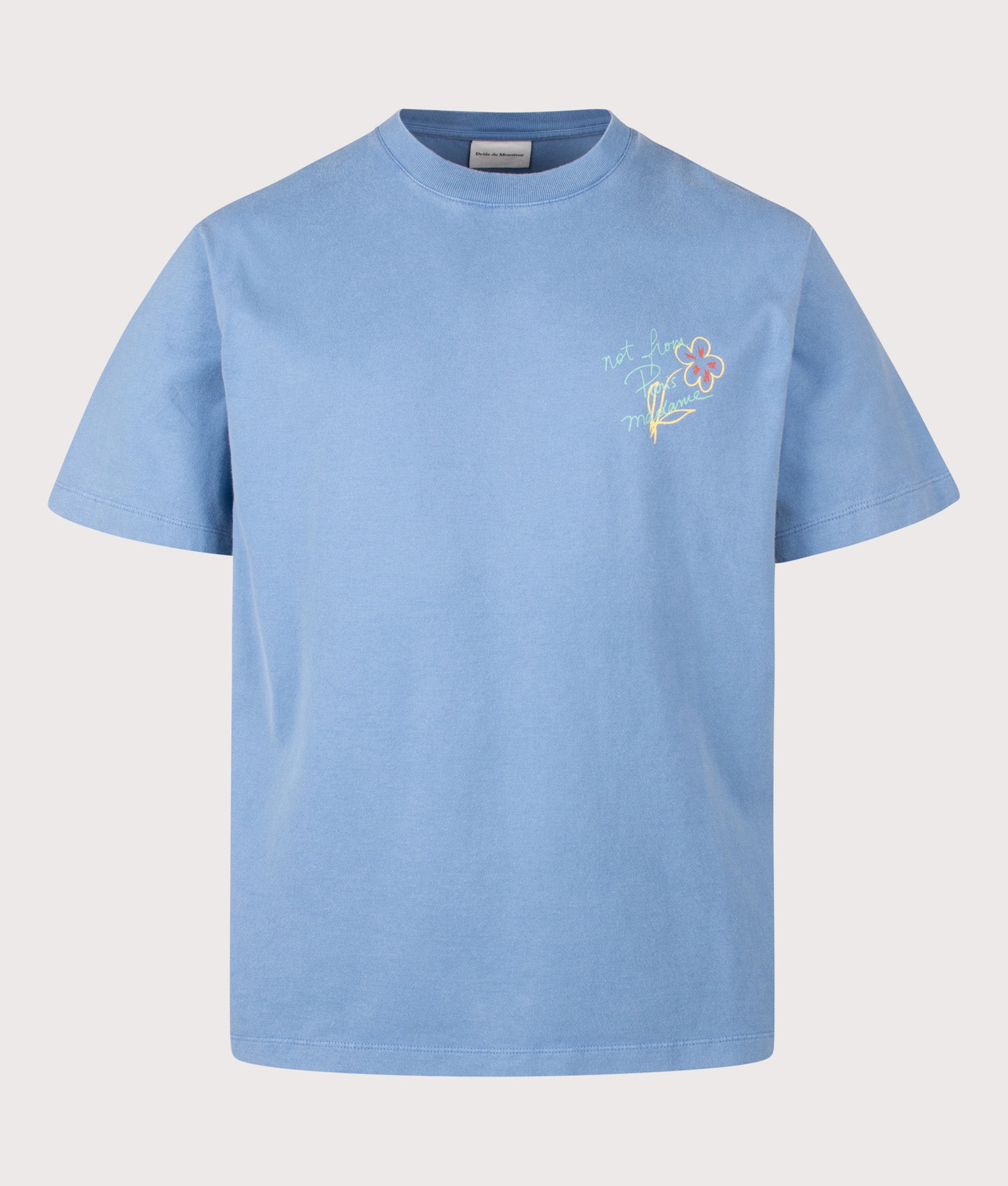 Drôle de Monsieur Relaxed fit Esquisse Slogan T-shirt in Light Blue at EQVVS Menswear. Front shot.