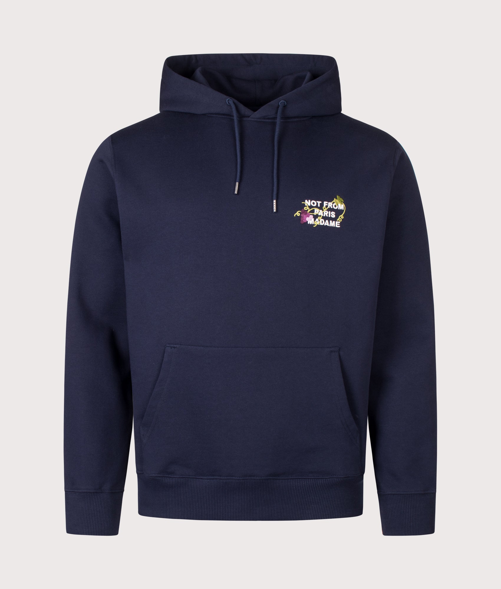 Drôle de Monsieur Relaxed Fit Vine Embroidered Slogan Hoodie in Navy at EQVVS Menswear. Front shot.