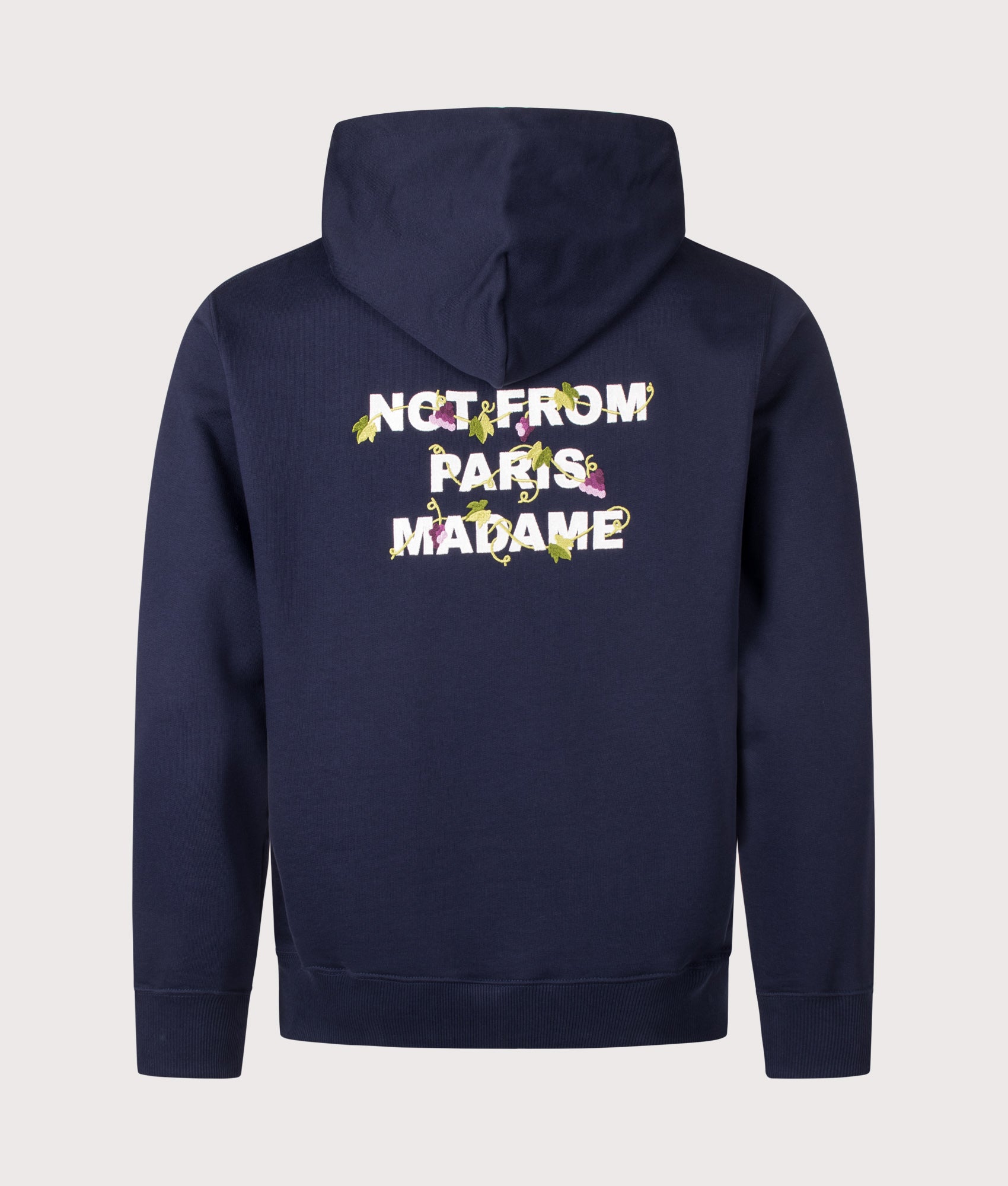 Drôle de Monsieur Relaxed Fit Vine Embroidered Slogan Hoodie in Navy at EQVVS Menswear. Back shot.