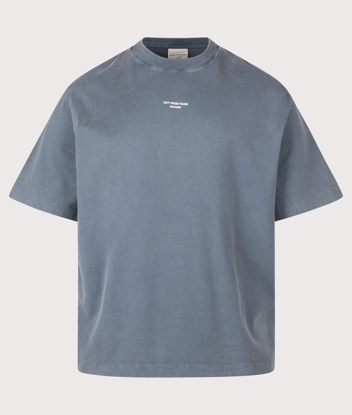 Drôle de Monsieur Relaxed Fit Classic Slogan T-Shirt in Dark Grey at EQVVS Menswear. Front shot.