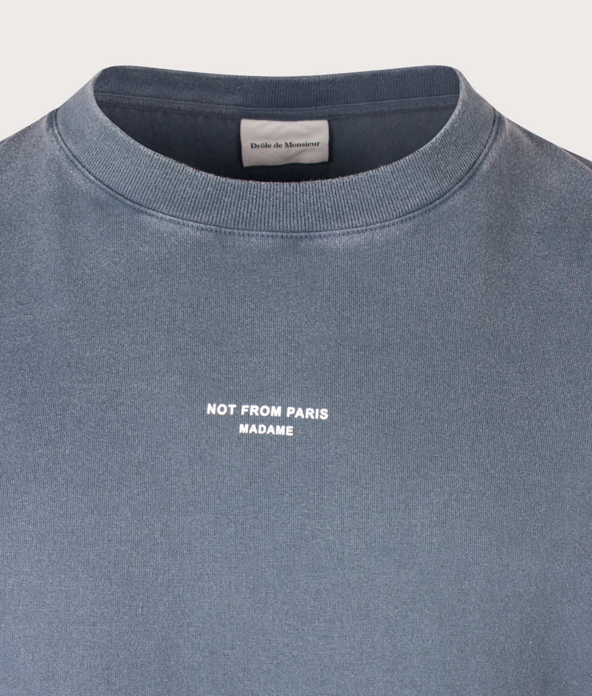 Drôle de Monsieur Relaxed Fit Classic Slogan T-Shirt in Dark Grey at EQVVS Menswear. Detail shot.