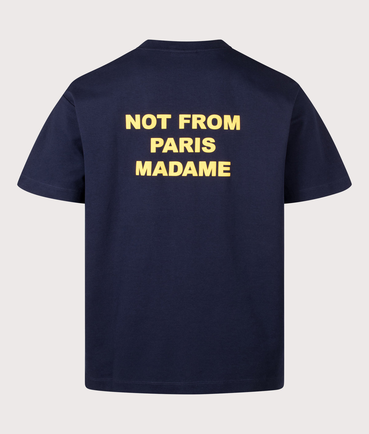 Drôle de Monsieur Regular Fit Bold Slogan T-Shirt in Navy at EQVVS Menswear. Back shot.