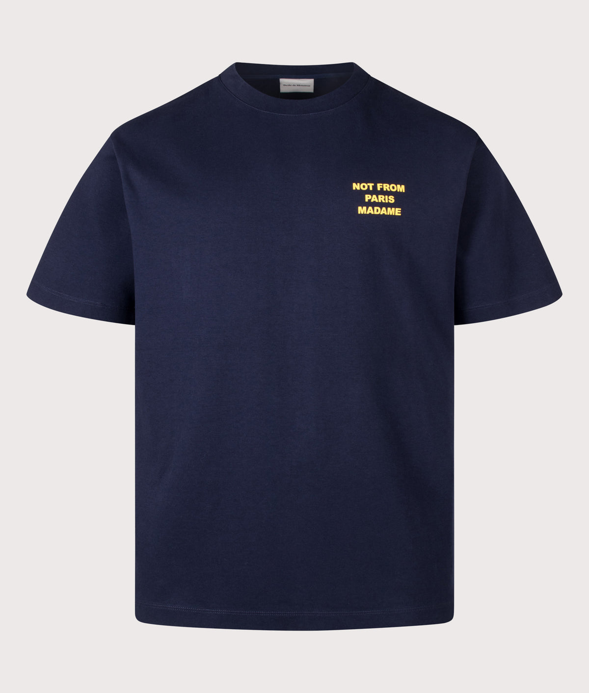 Drôle de Monsieur Regular Fit Bold Slogan T-Shirt in Navy at EQVVS Menswear. Front shot.