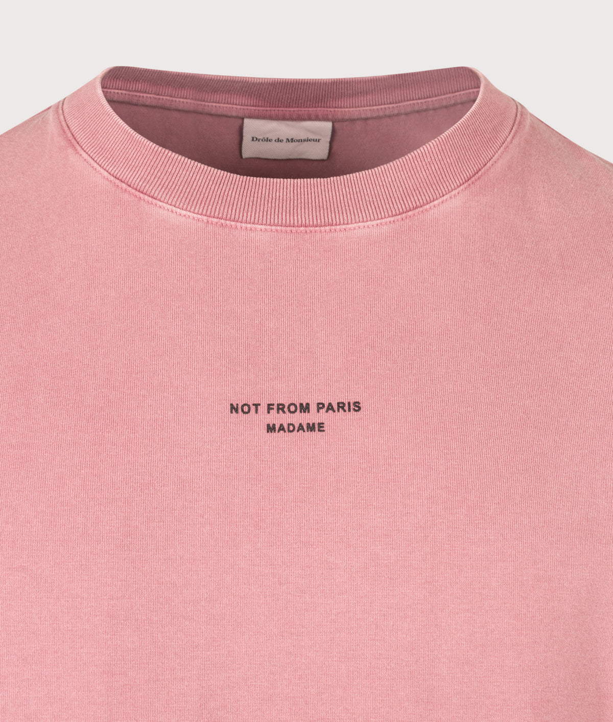 Drôle de Monsieur Relaxed Fit Classic Slogan T-Shirt in Dark Pink at EQVVS Menswear. Detail shot.