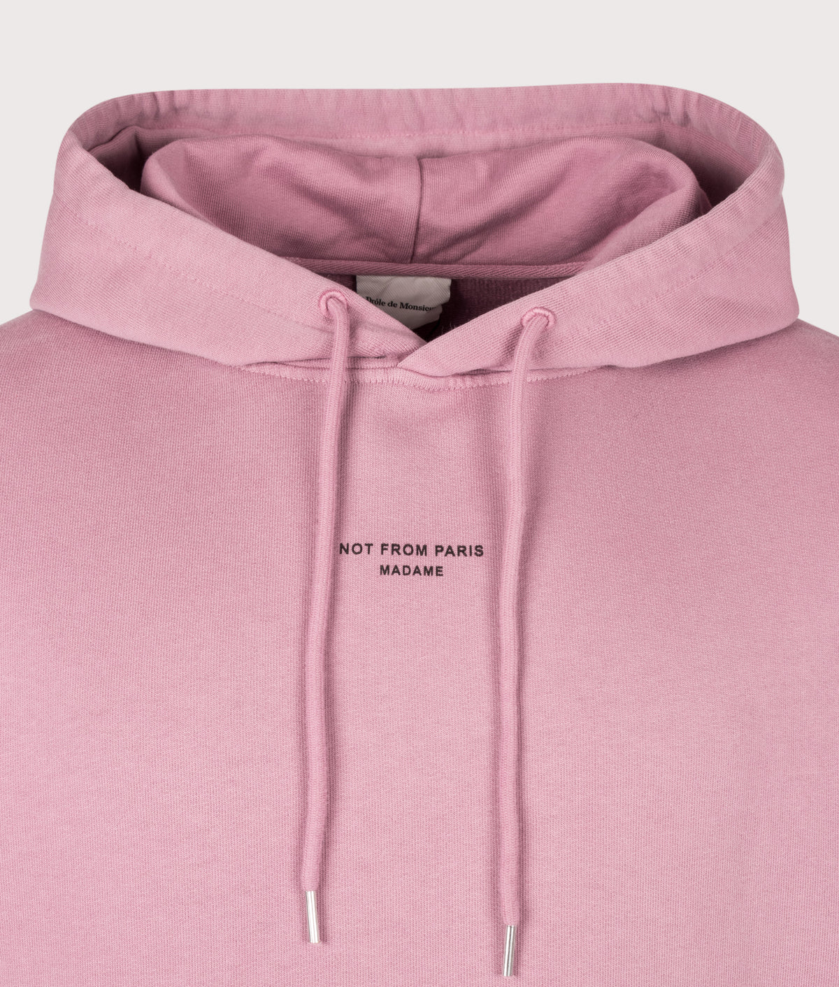 Drôle de Monsieur Relaxed Fit Classic Slogan Hoodie in Dark Pink at EQVVS Menswear. Detail shot.