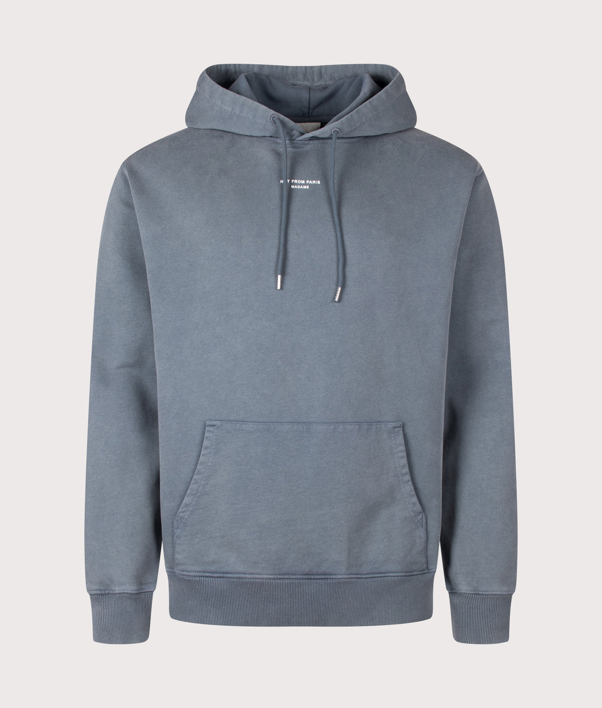 Drôle de Monsieur Relaxed Fit Classic Slogan Hoodie in Dark Grey at EQVVS Menswear. Front shot.