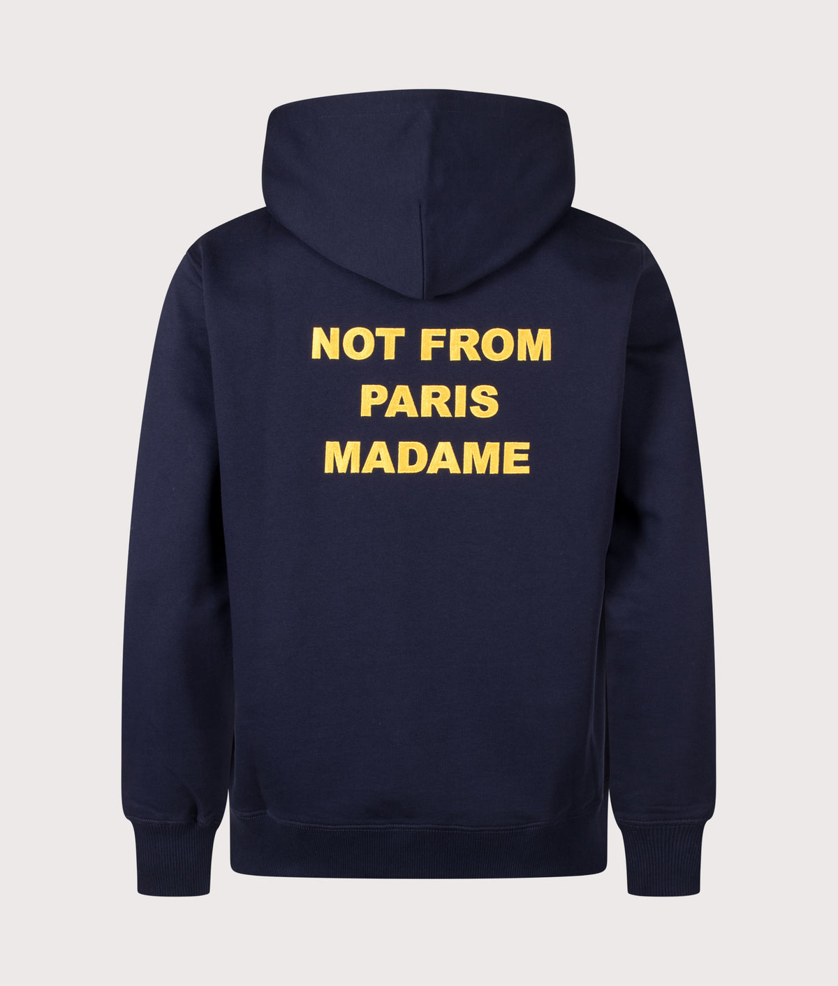 Drôle de Monsieur Relaxed Fit Bold Slogan Hoodie in Navy at EQVVS Menswear. Back shot.