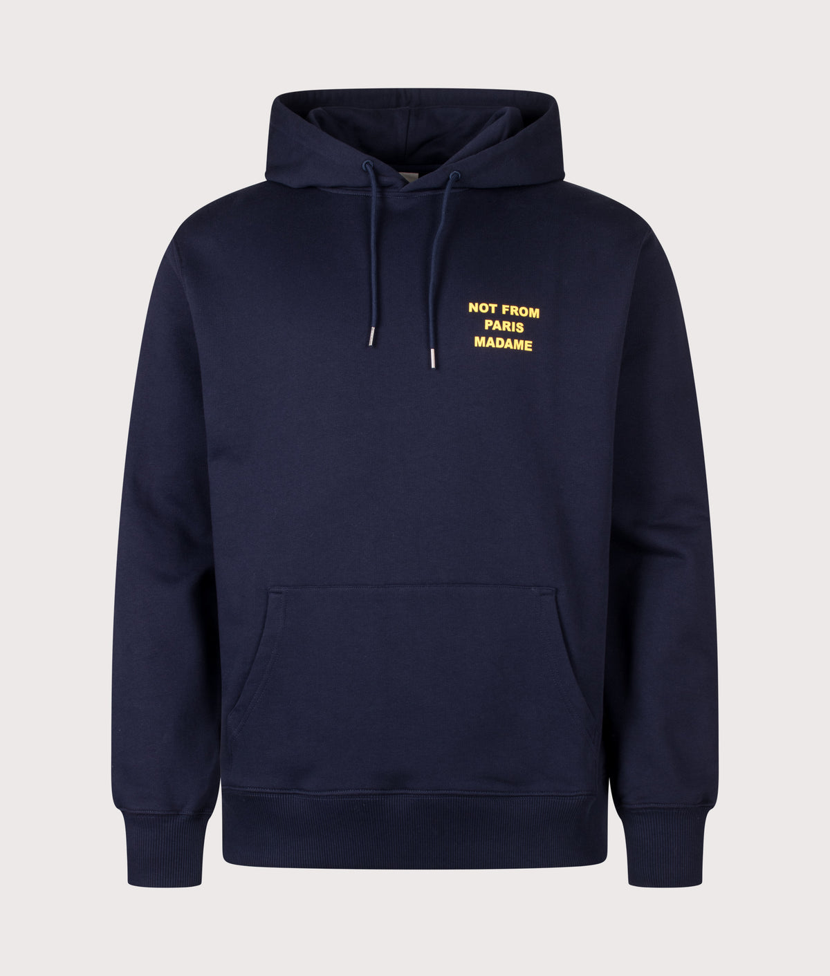 Drôle de Monsieur Relaxed Fit Bold Slogan Hoodie in Navy at EQVVS Menswear. Front shot.