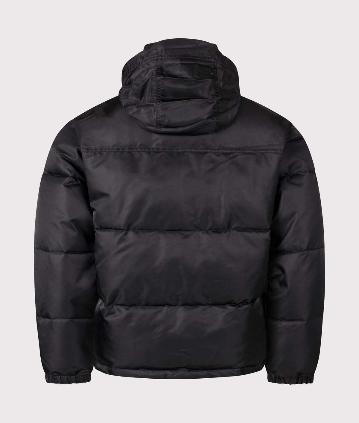 Drôle de Monsieur Relaxed Fit Slogan Puffer Jacket in Black at EQVVS Menswear. Hood shot.