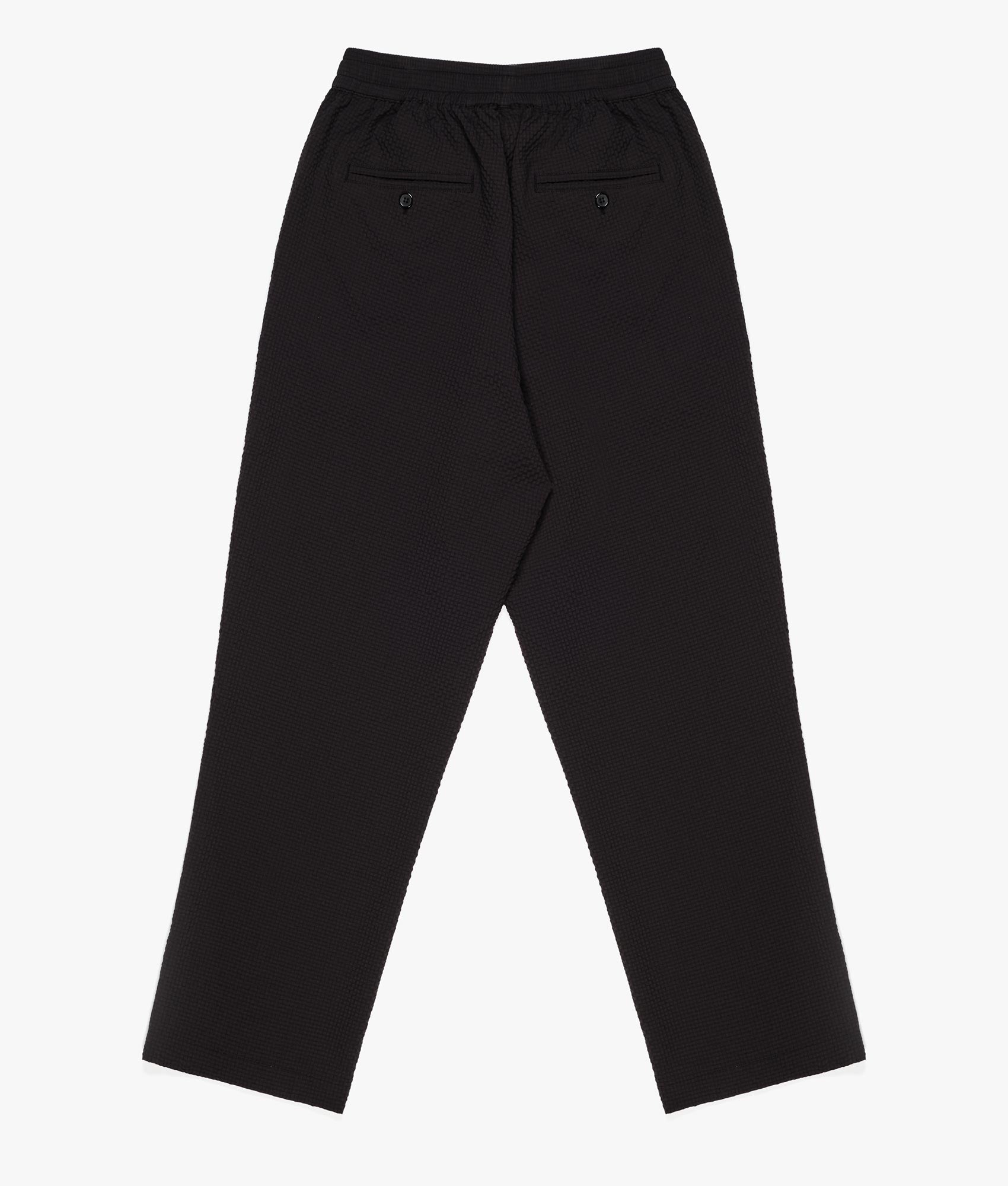 Relaxed Fit Seersucker Trousers in Black by MKI MIYUKI ZUKO, EQVVS Back Flat Shot.