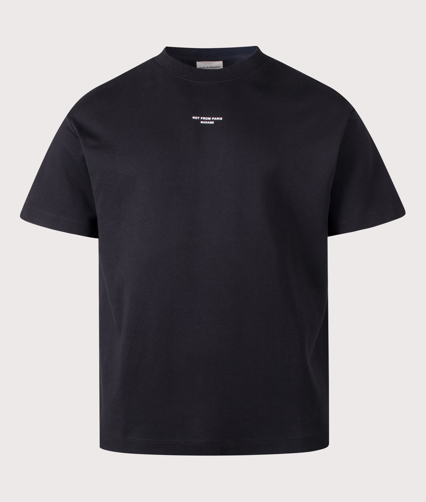 Drôle de Monsieur Relaxed Fit Classic Slogan T-shirt in Black at EQVVS Menswear. Front shot.