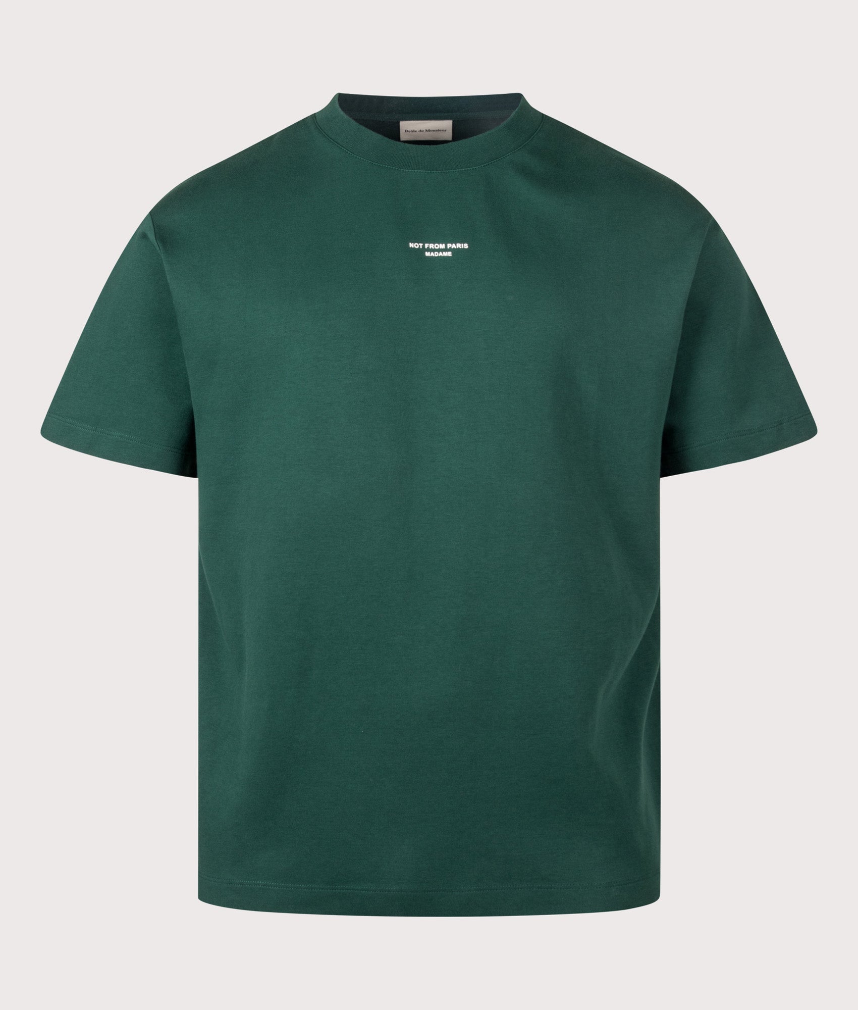 Drôle de Monsieur Relaxed Fit Classic Slogan T-shirt in Dark Green at EQVVS Menswear. Front shot.