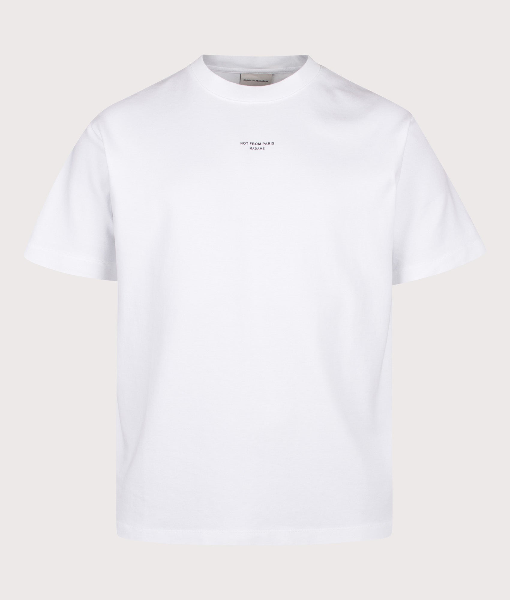 Drôle de Monsieur Relaxed Fit Classic Slogan T-shirt in Optic White at EQVVS Menswear. Front shot.