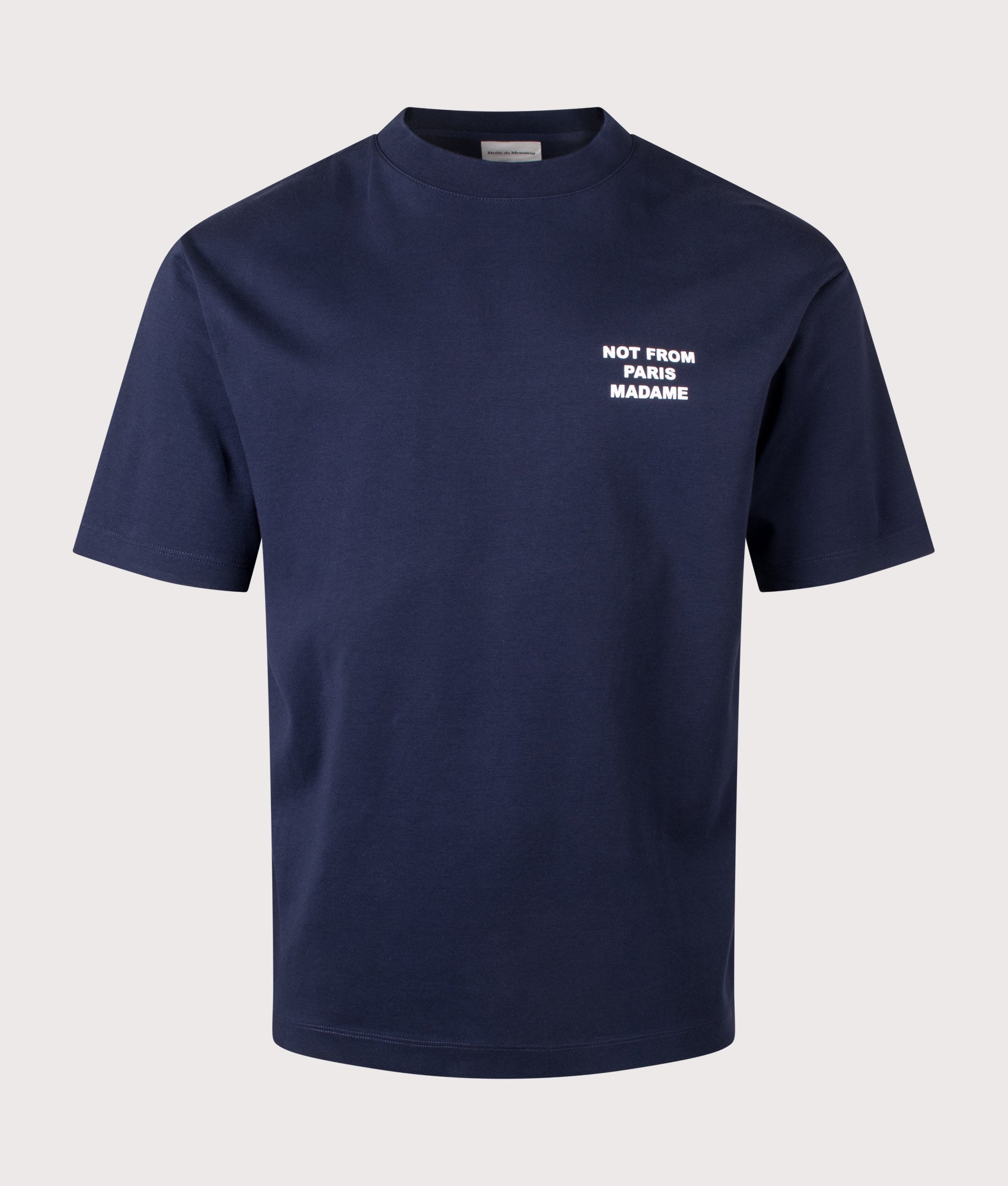 Slogan T-Shirt in Navy by Drôle de Monsieur. Shot by EQVVS. Front Shot.