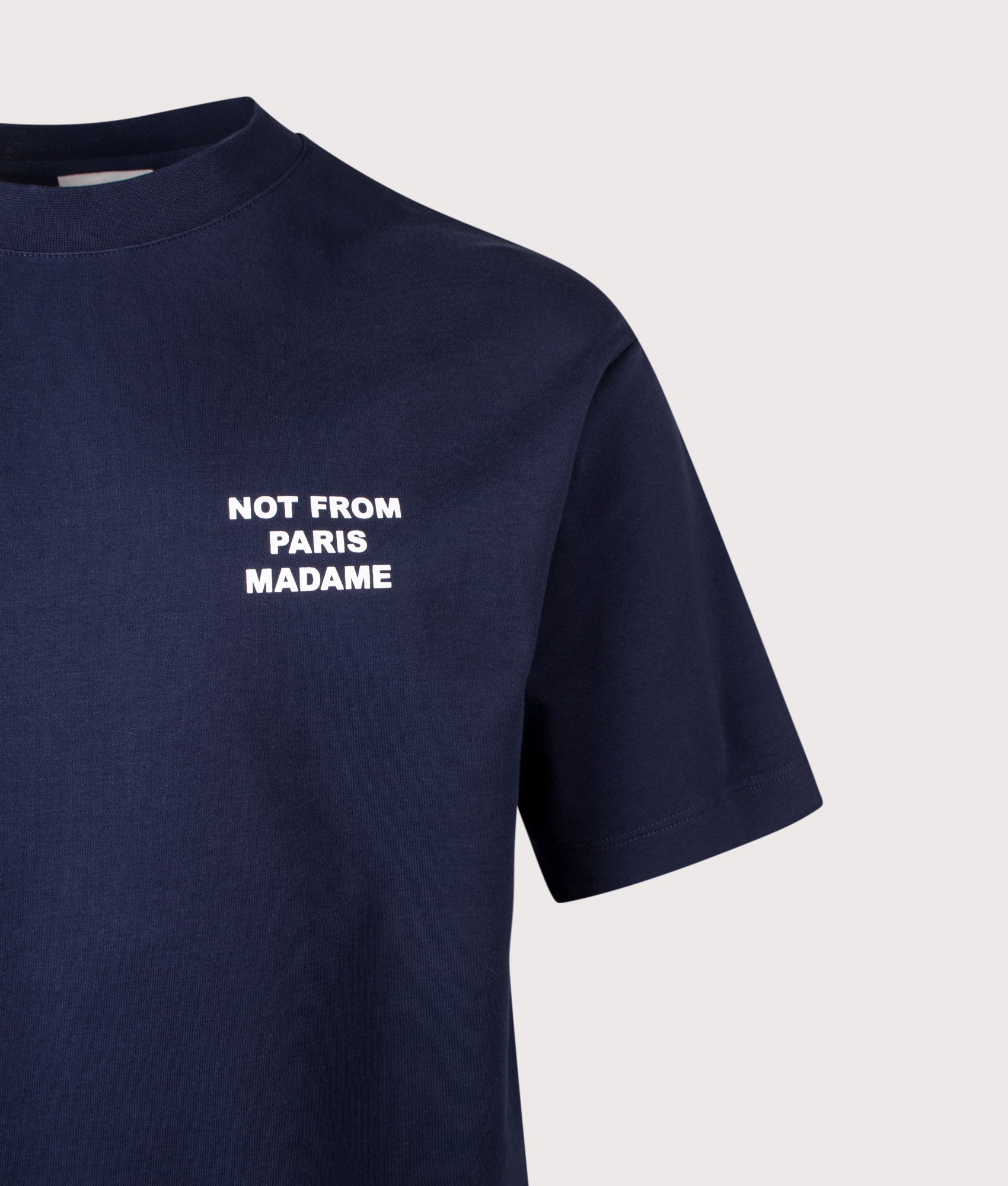 Slogan T-Shirt in Navy by Drôle de Monsieur. Shot by EQVVS. Detail Shot.