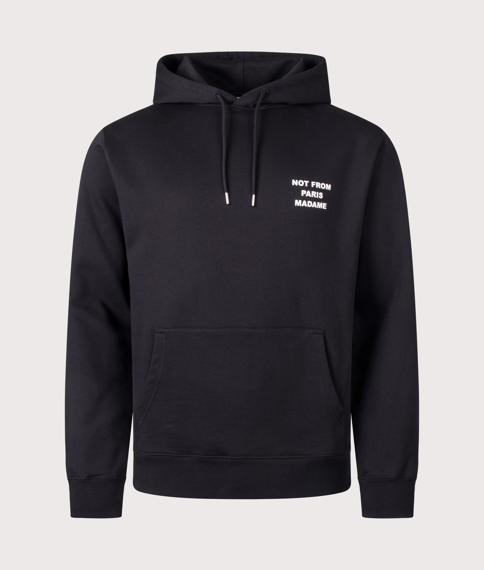 Slogan Hoodie in Black by Drôle de Monsieur. Shot by EQVVS. Front shot.