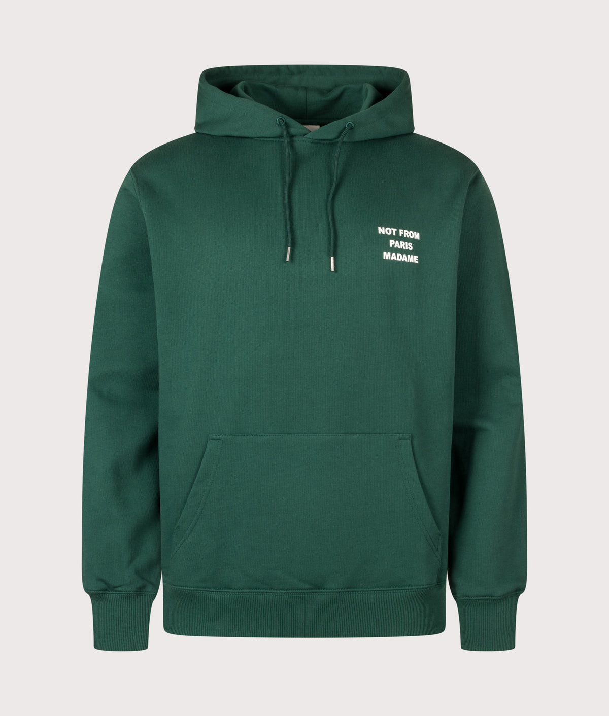 Drôle de Monsieur Relaxed Fit Bold Slogan Hoodie in Dark Green at EQVVS Menswear. Front shot.