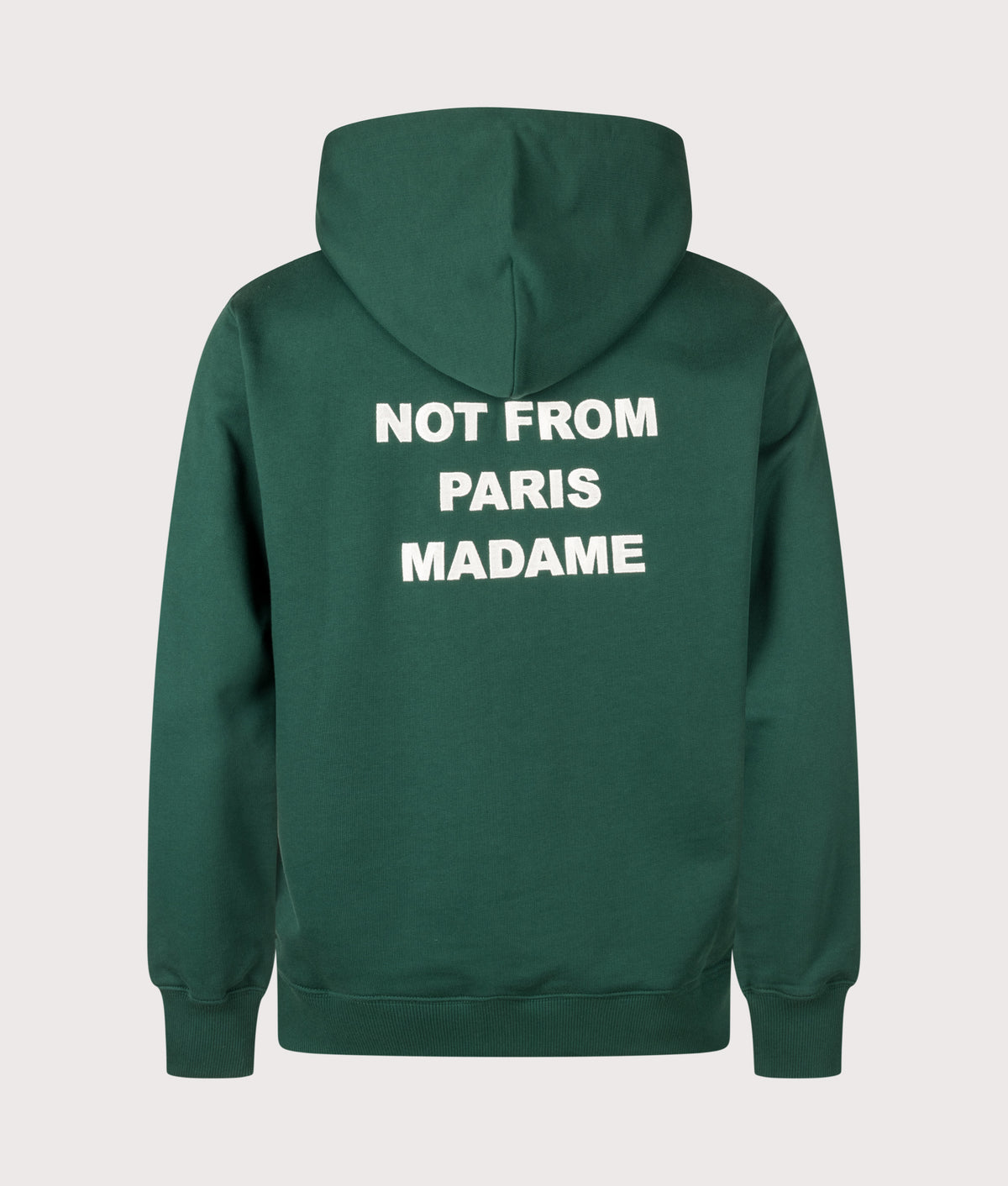 Drôle de Monsieur Relaxed Fit Bold Slogan Hoodie in Dark Green at EQVVS Menswear. Back shot.