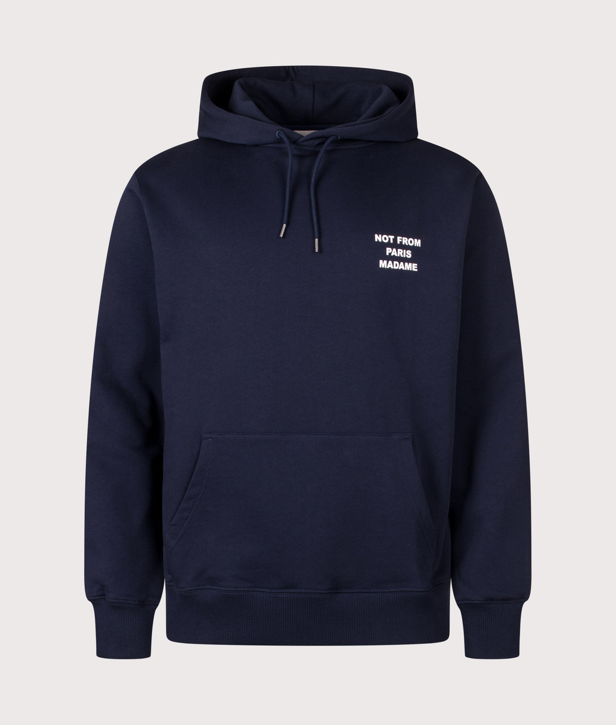 Drôle de Monsieur Relaxed Fit Bold Slogan Hoodie in Navy at EQVVS Menswear. Front shot.