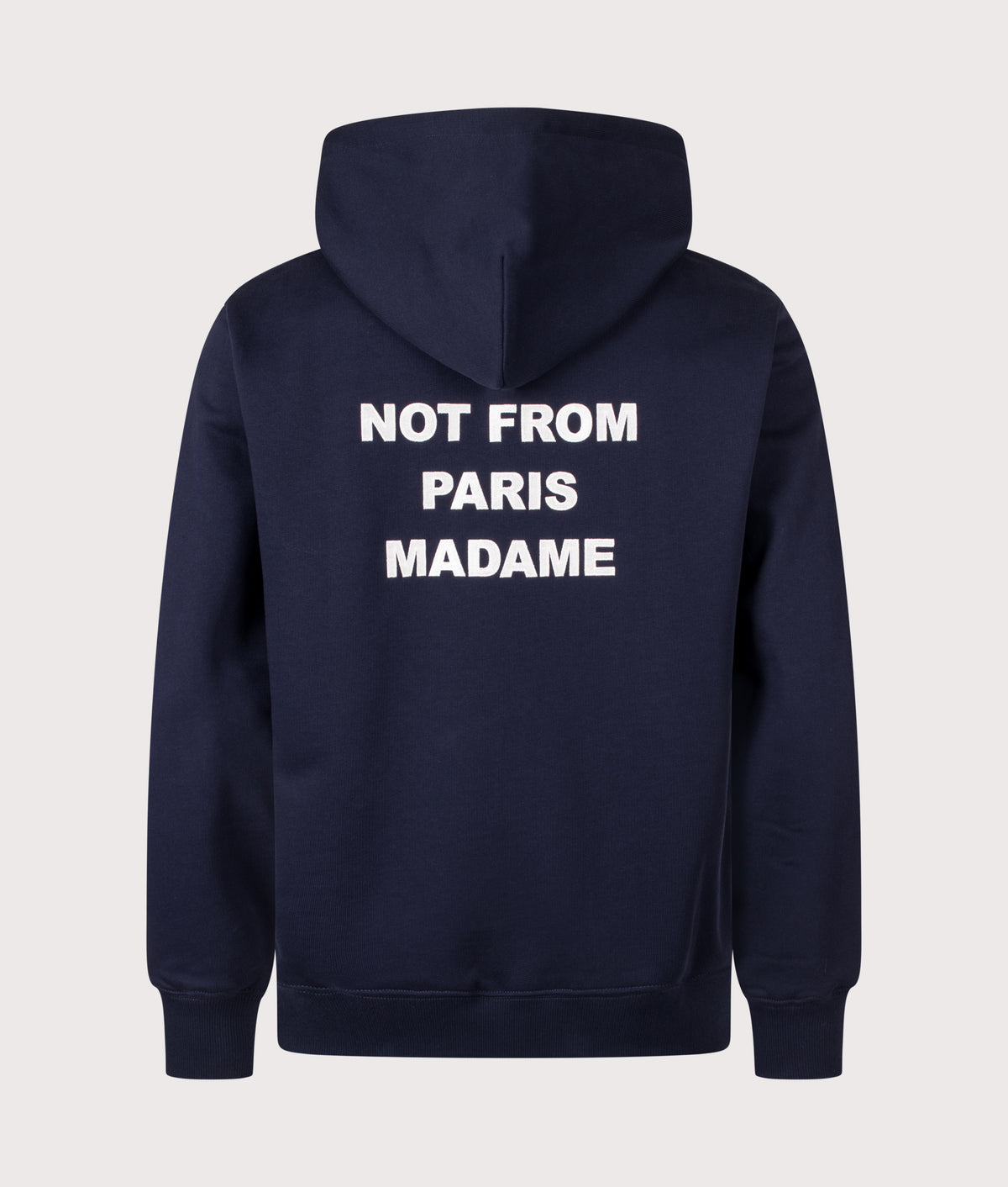 Drôle de Monsieur Relaxed Fit Bold Slogan Hoodie in Navy at EQVVS Menswear. Back shot.