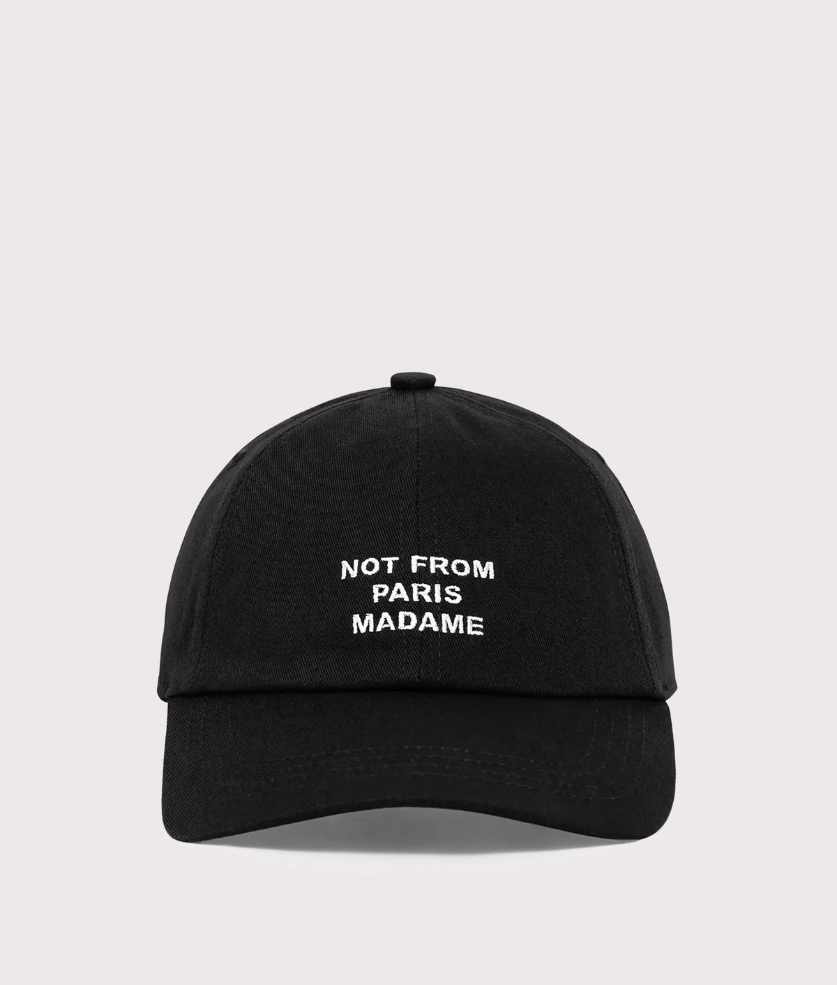 Drôle de Monsieur Slogan Cap in Black at EQVVS Menswear. Front shot.