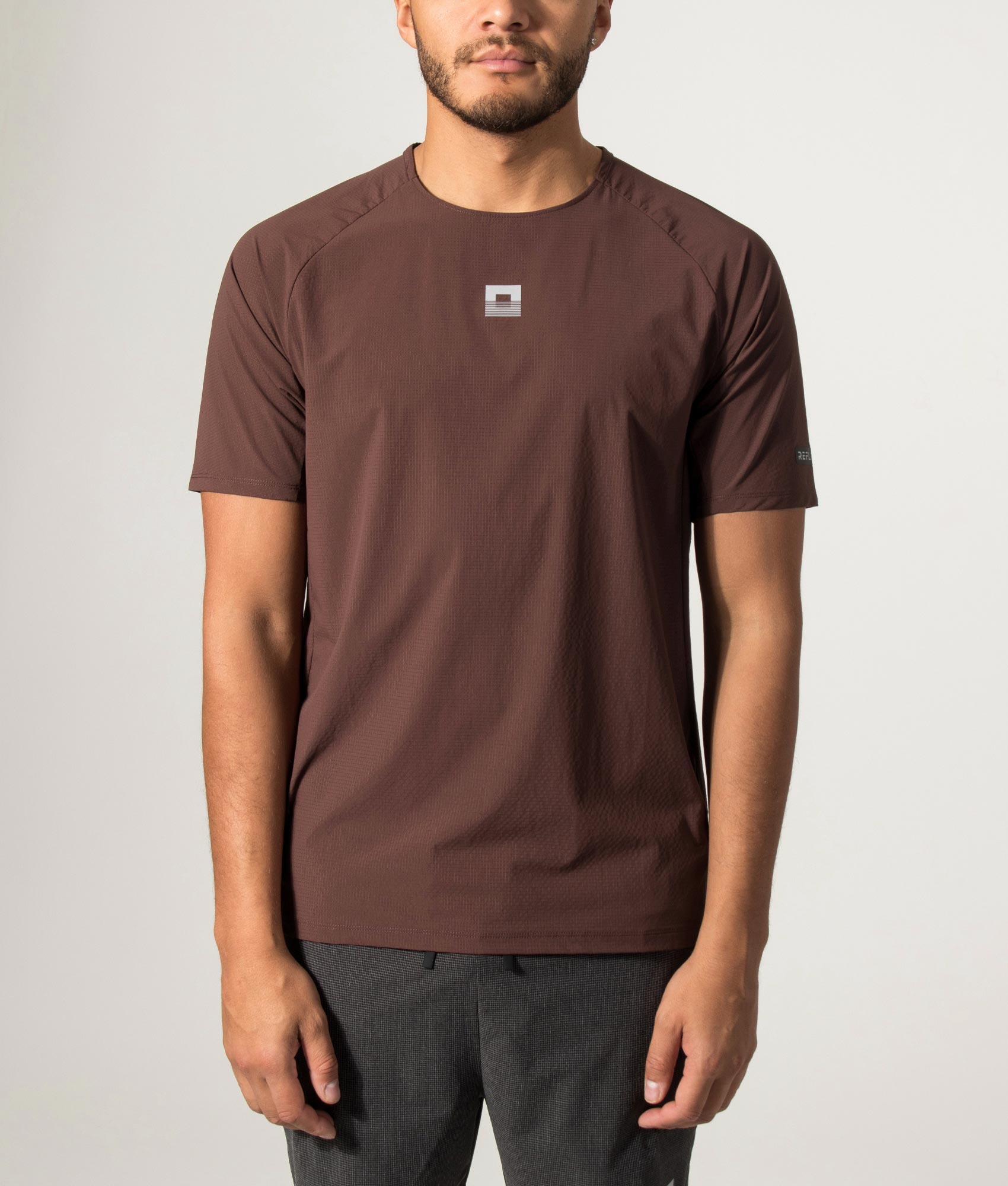 REFLECT Mesh T-Shirt in Maroon at EQVVS Menswear. Model front shot.
