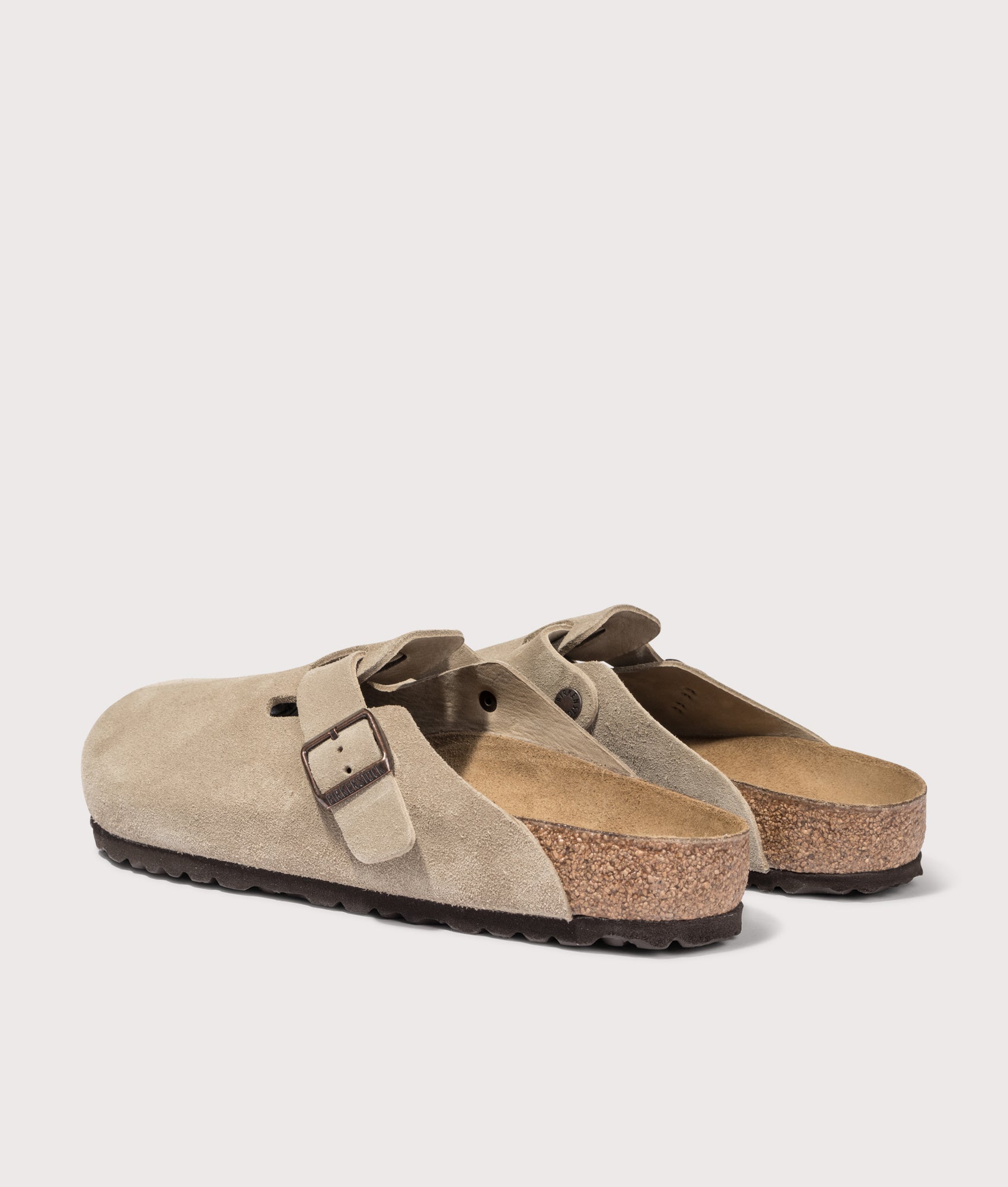 Birkenstock Boston Suede Leather Clogs in Taupe at EQVVS. Back shot. 