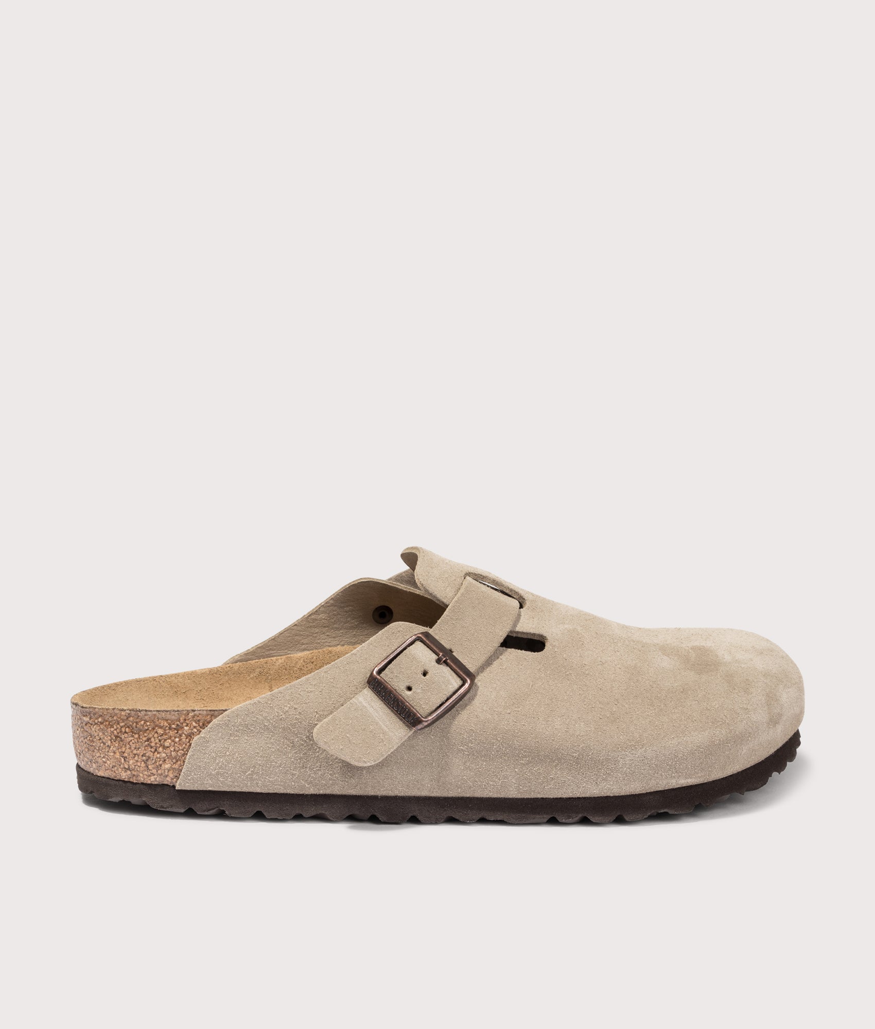 Birkenstock Boston Suede Leather Clogs in Taupe at EQVVS. Side shot. 