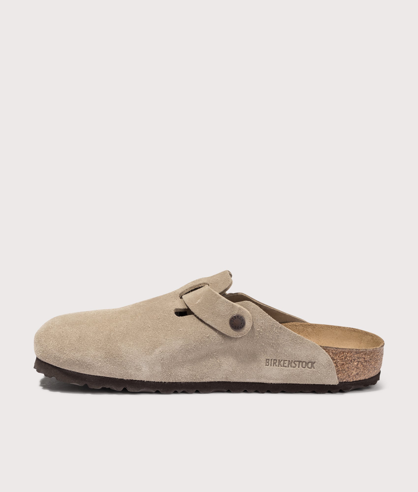 Birkenstock Boston Suede Leather Clogs in Taupe at EQVVS. Inside shot. 