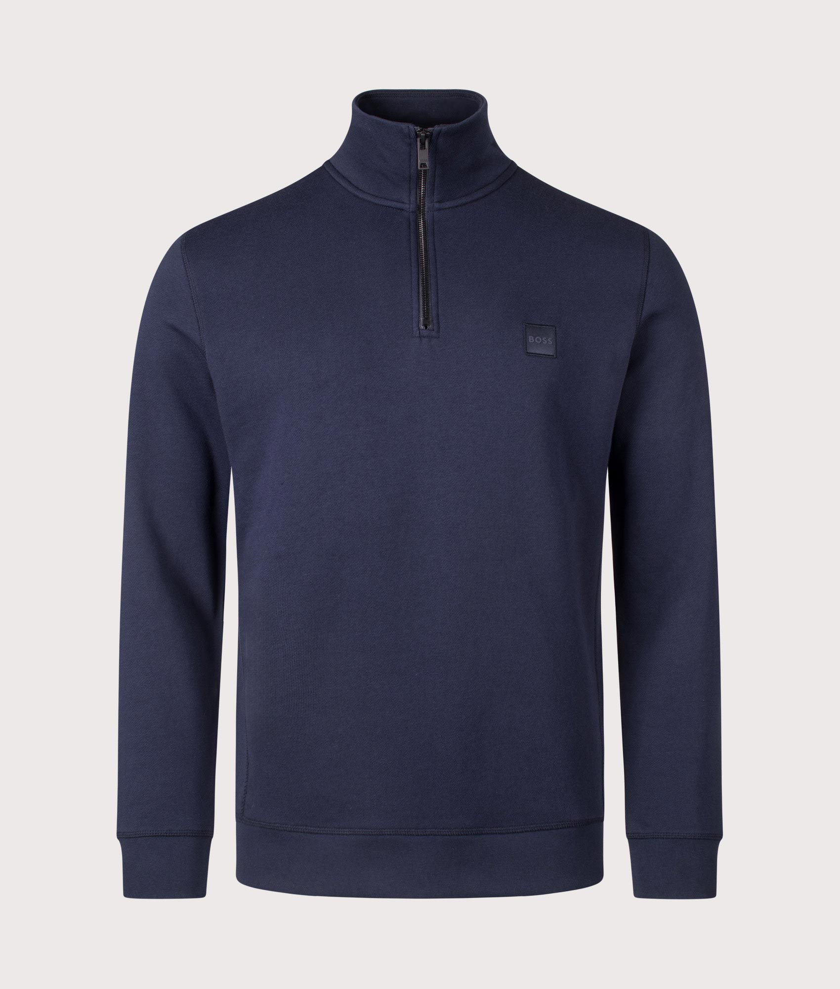 BOSS Quarter Zip Zetrust Sweatshirt in Dark Blue. Front shot at EQVVS.