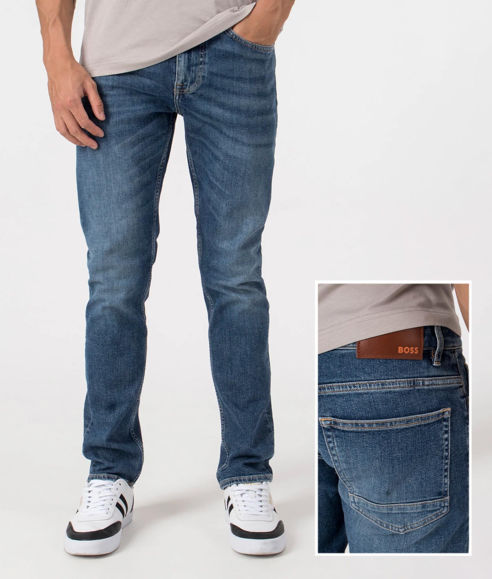 BOSS Slim Fit Delaware Comfort Stretch Jeans in Dark Blue. Front and detail shot at EQVVS.
