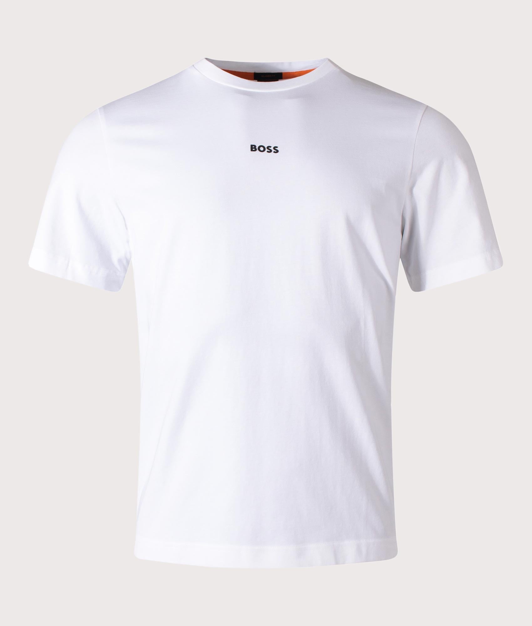 BOSS Relaxed Fit T-Chup T-Shirt in White at EQVVS Menswear. Front shot.