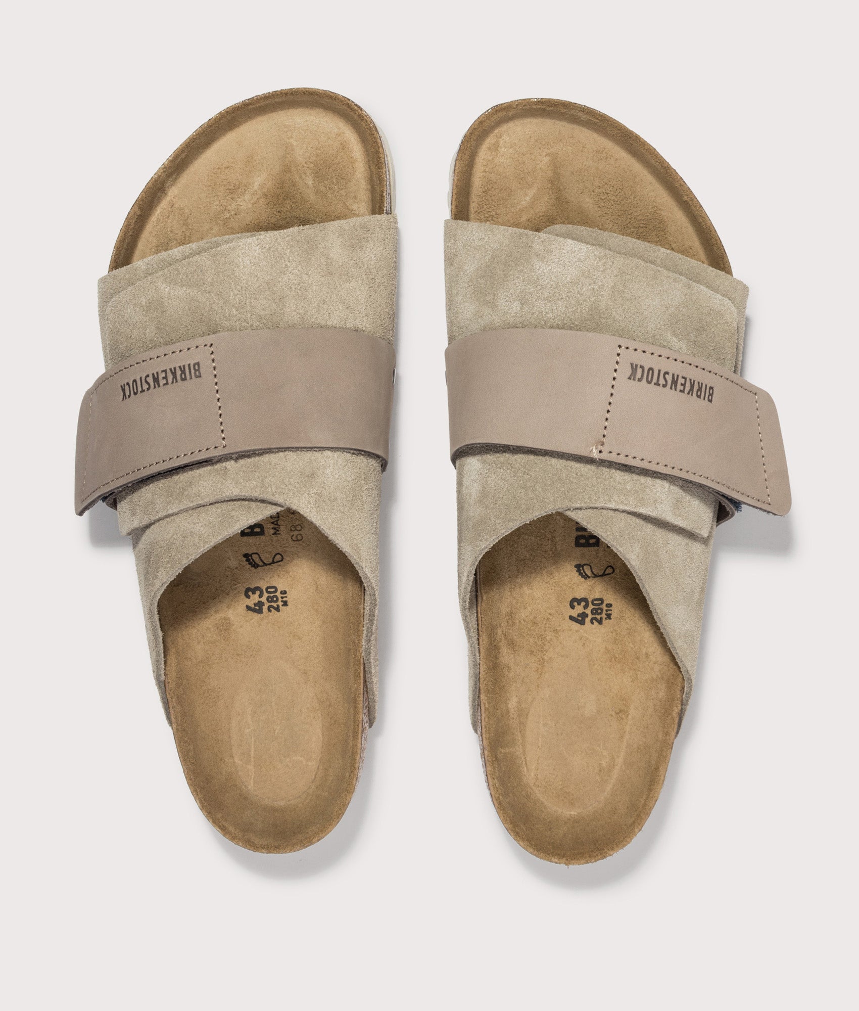 BIRKENSTOCK Kyoto Nubuck-Suede Leather Sandals in Taupe at EQVVS Menswear. Top shot.