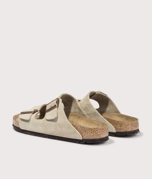 Arizona Narrow Fit Suede Leather Sandals by Birkenstock in Taupe. Shot by EQVVS. Back detaishot. 