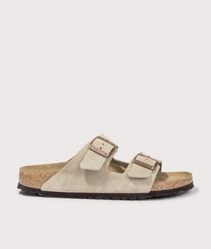Arizona Narrow Fit Suede Leather Sandals by Birkenstock in Taupe. Shot by EQVVS. Front shot.
