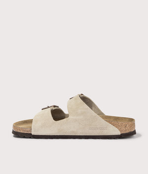Arizona Narrow Fit Suede Leather Sandals by Birkenstock in Taupe. Shot by EQVVS. Back shot.