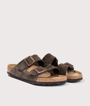 Arizona Suede Leather Sandals by Birkenstock in Mocha. Shot y EQVVS. Front detail shot.
