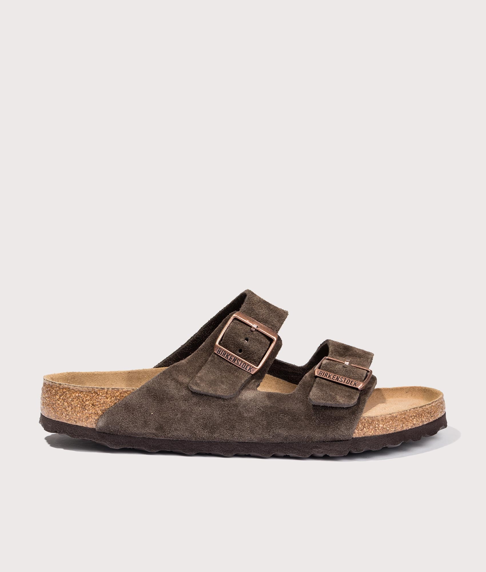 Arizona Suede Leather Sandals by Birkenstock in Mocha. Shot y EQVVS. Front shot.