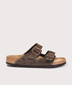 Arizona Suede Leather Sandals by Birkenstock in Mocha. Shot y EQVVS. Front shot.