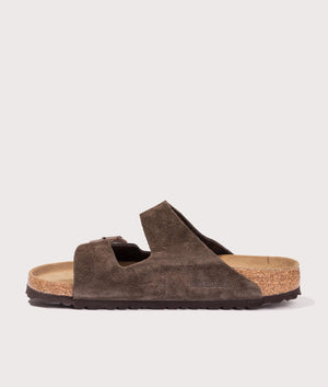 Arizona Suede Leather Sandals by Birkenstock in Mocha. Shot y EQVVS. Back shot.