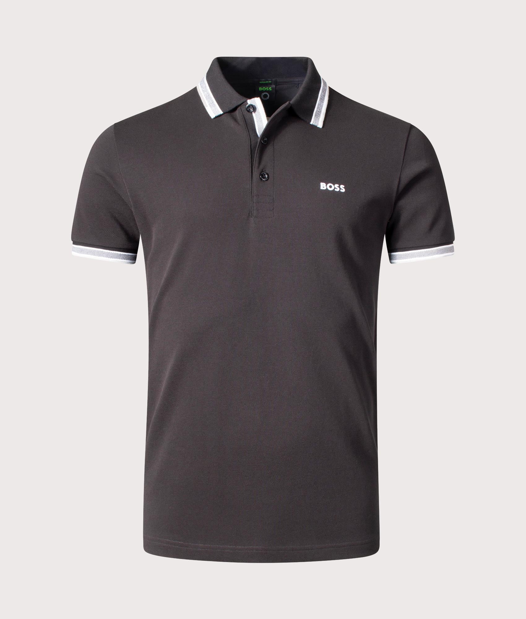 BOSS Paddy Polo Shirt in Black at EQVVS Menswear. Front shot.