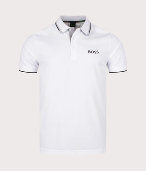 Boss green Paddy Pro Polo Shirt in 100 white front shot at EQVVS