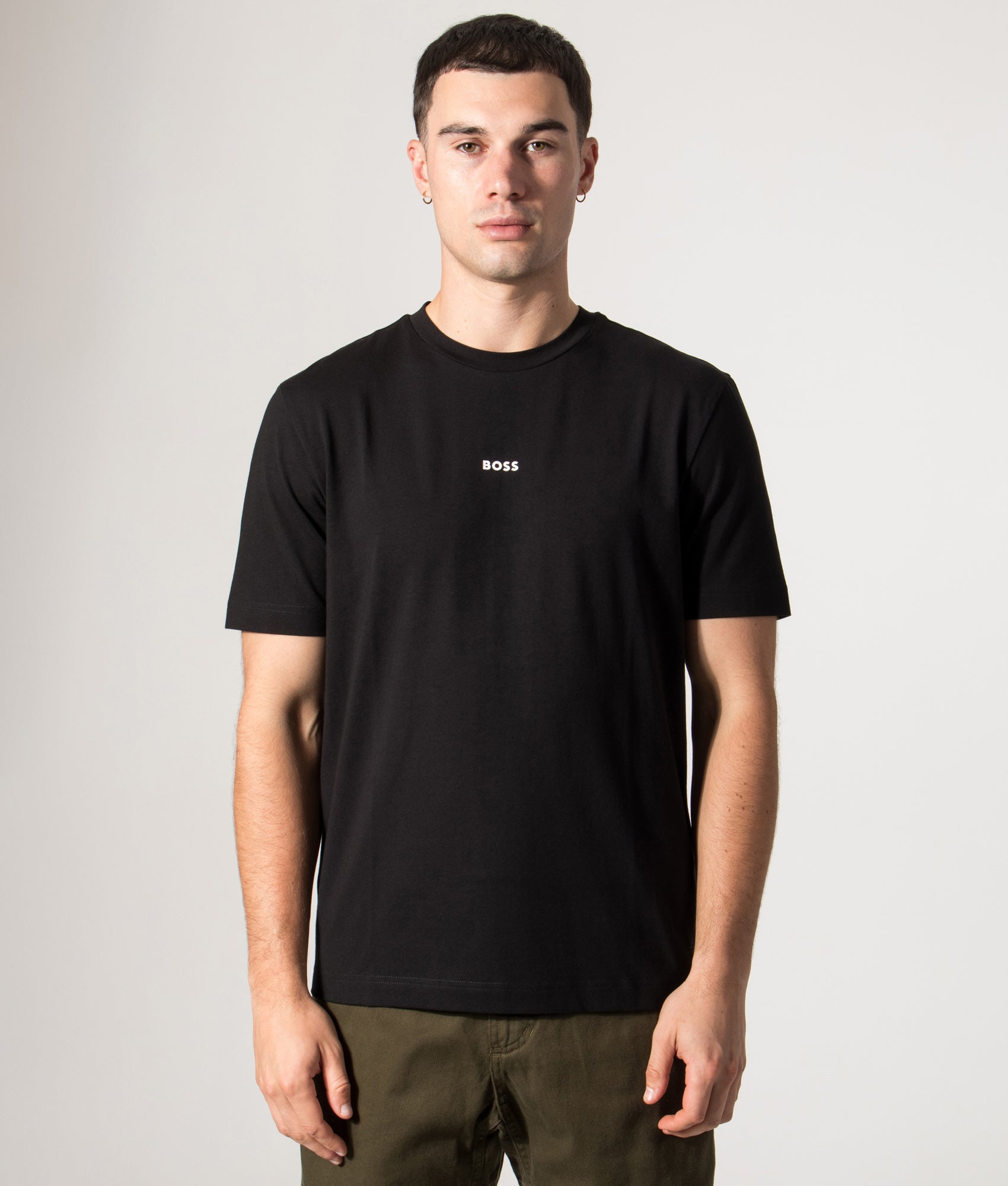 BOSS Relaxed Fit TChup T-Shirt in Black at EQVVS Menswear. Model front shot.