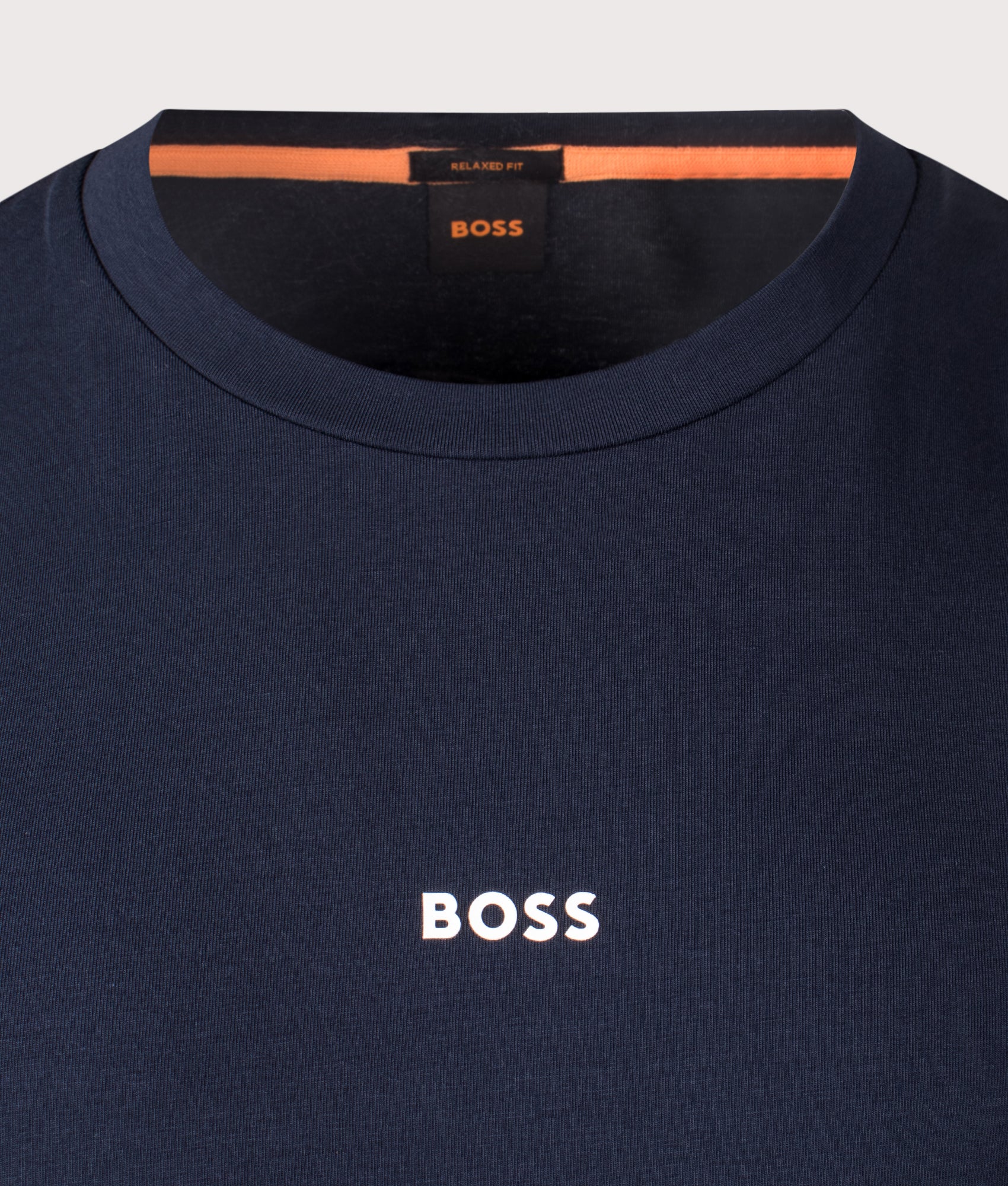 BOSS Relaxed Fit TChup T-Shirt in Dark Blue at EQVVS Menswear. Detail shot.