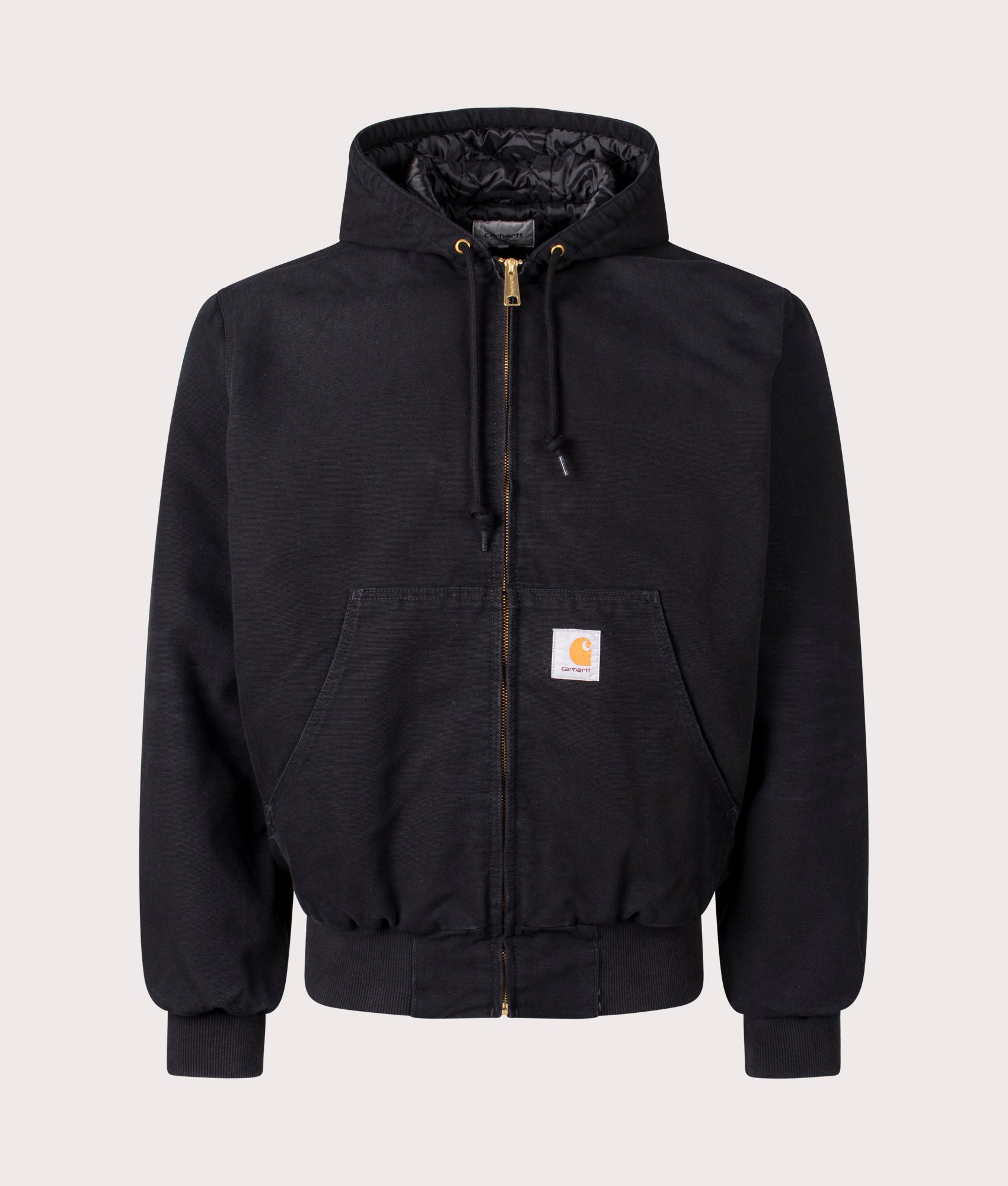 Carhartt OG Active Jacket in black, 100% cotton at EQVVS menswear. Front shot. 