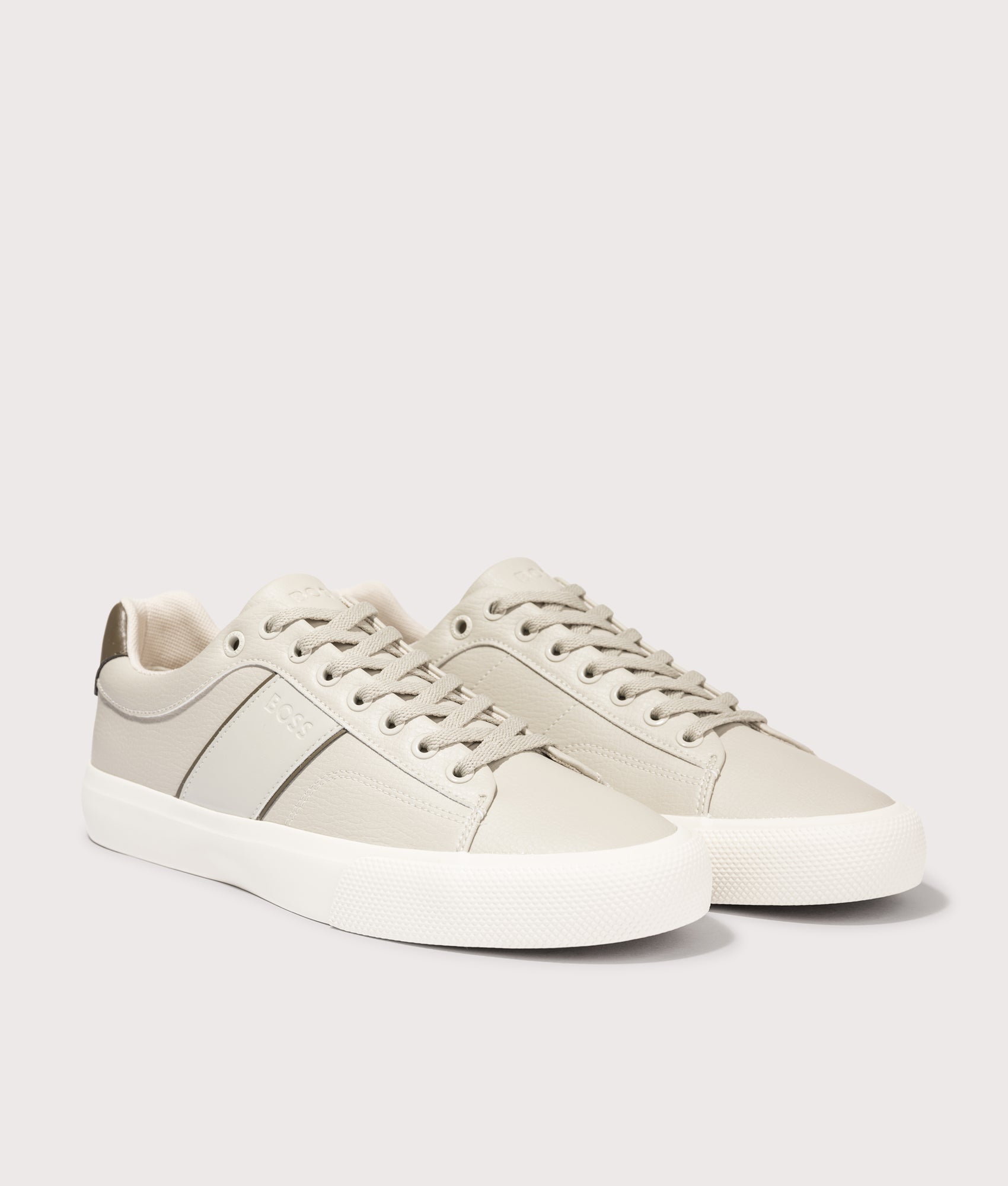 BOSS Aiden Tenn Trainers in Light Beige. EQVVS Angle shot.