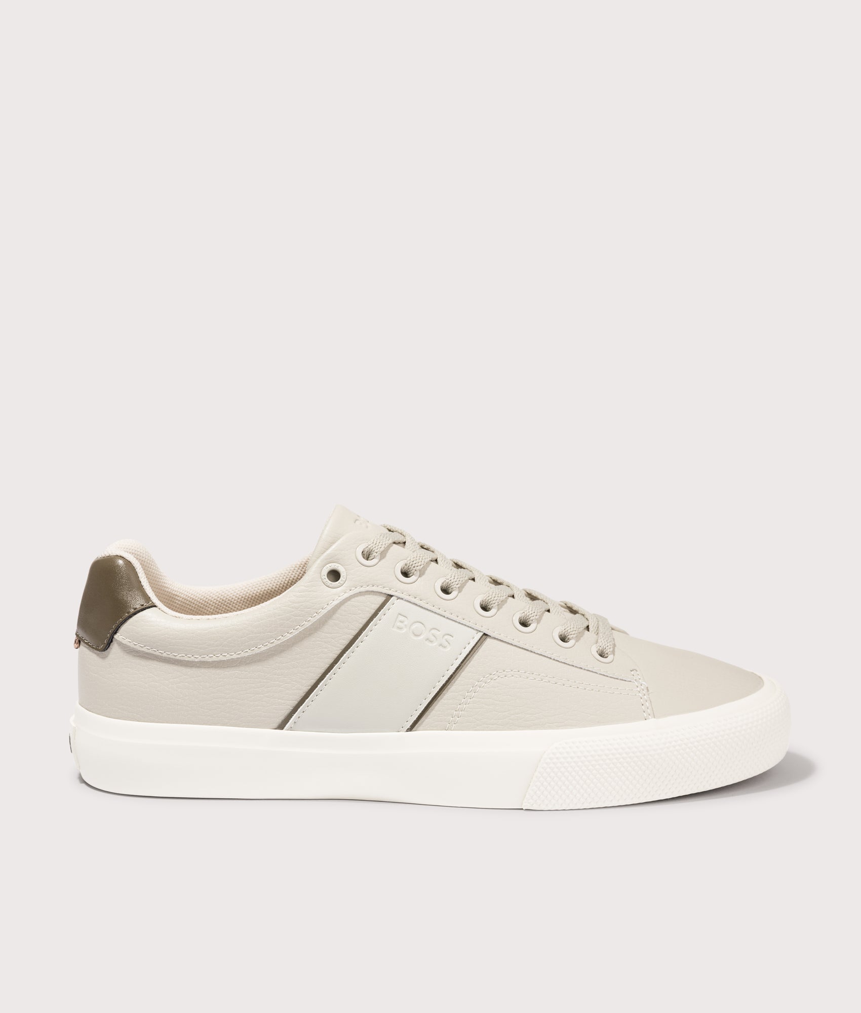 BOSS Aiden Tenn Trainers in Light Beige. EQVVS Side shot.