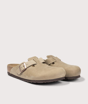 Boston Natural Leather Oiled Clogs by Birkenstock in Tobacco Brown. Shot by EQVVS. Front detail shot.